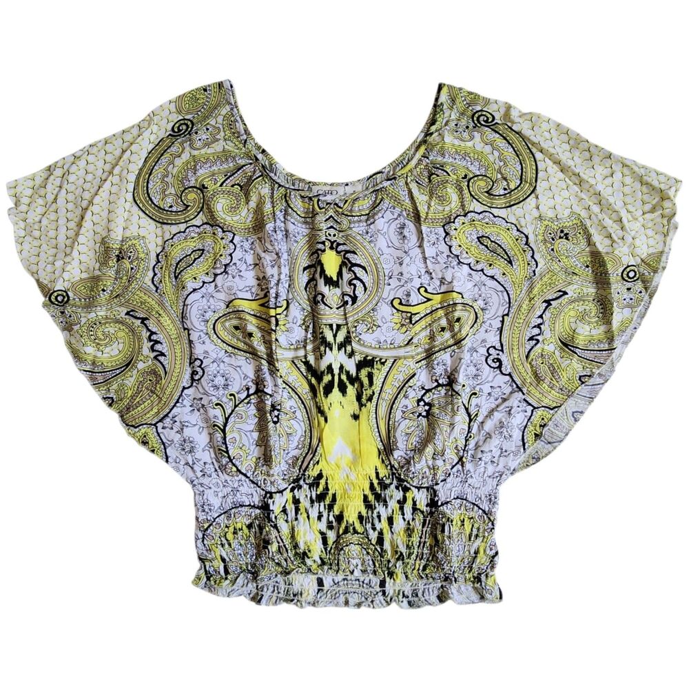 Cato Yellow Black White Paisley Scoop Neck Dolman Sleeve Top sz M